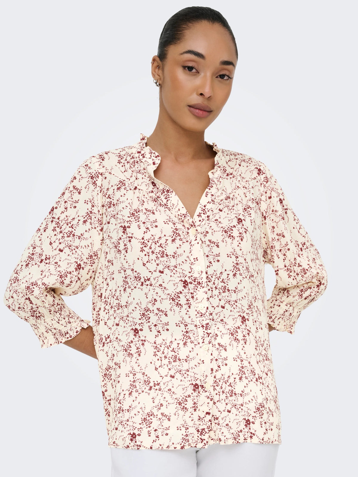 Shirt: Viscose 3/4 Sleeve Frill Collar Flower RAYA  - Cream & Red - ONLY