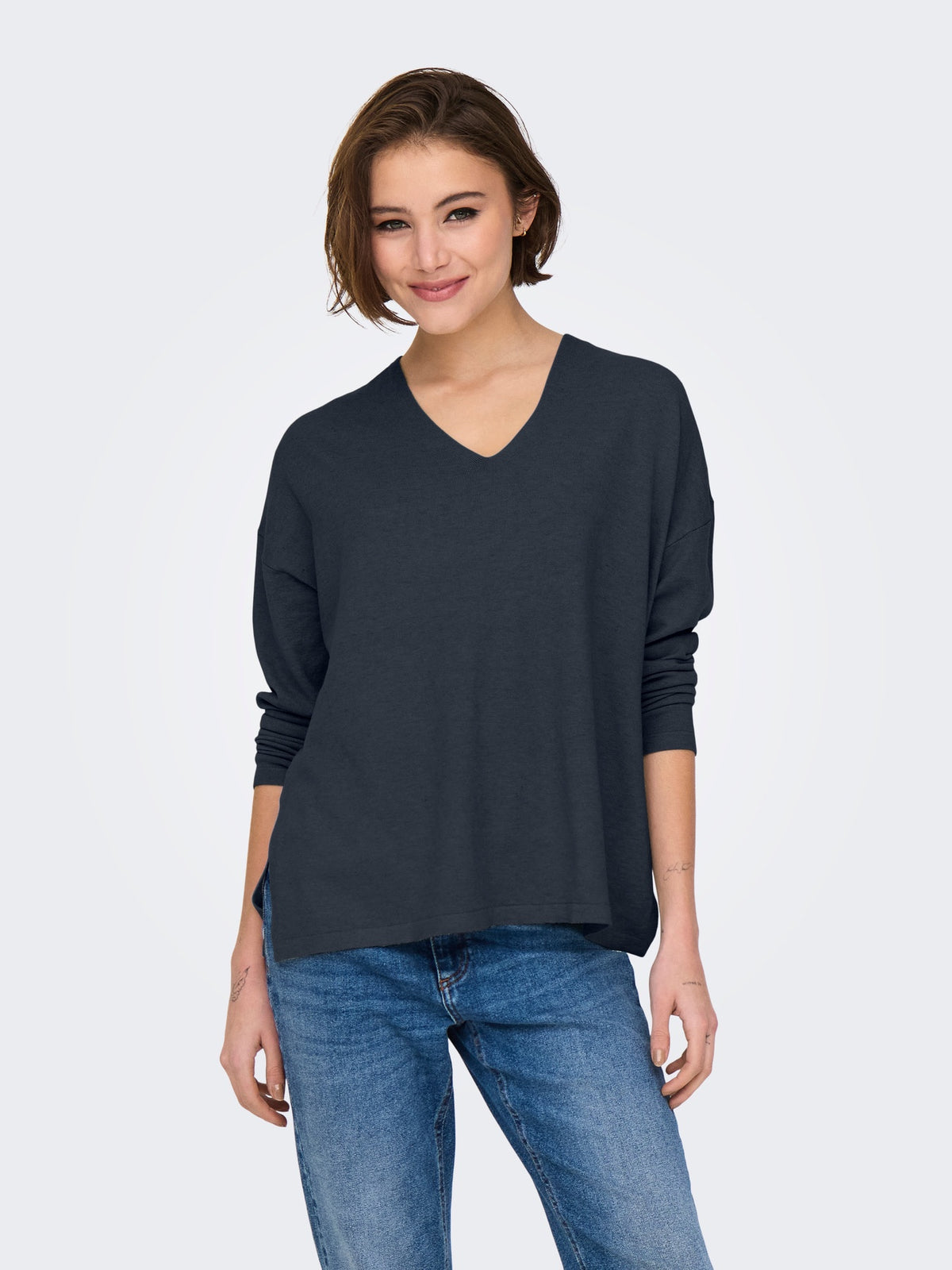 Jumper: Fine Knit V Neck Long Sleeve Plain AMALIO - Ombre Blue - ONLY