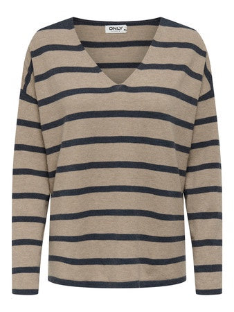 Jumper: Fine Knit V Neck Long Sleeve Stripe AMALIO  - Beige & Blue