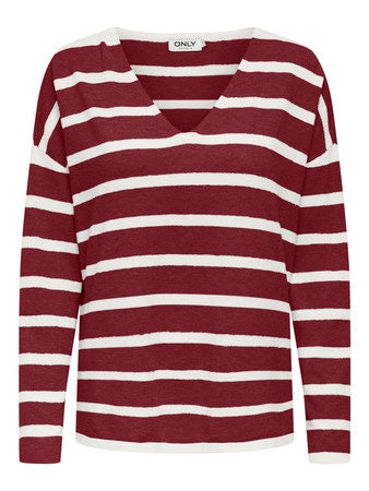 Jumper: Fine Knit V Neck Long Sleeve Stripe AMALIO  - Cabernet Red & Cream