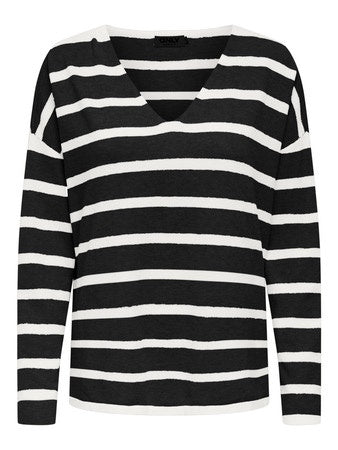 Jumper: Fine Knit V Neck Long Sleeve Stripe AMALIO - Black & Cream