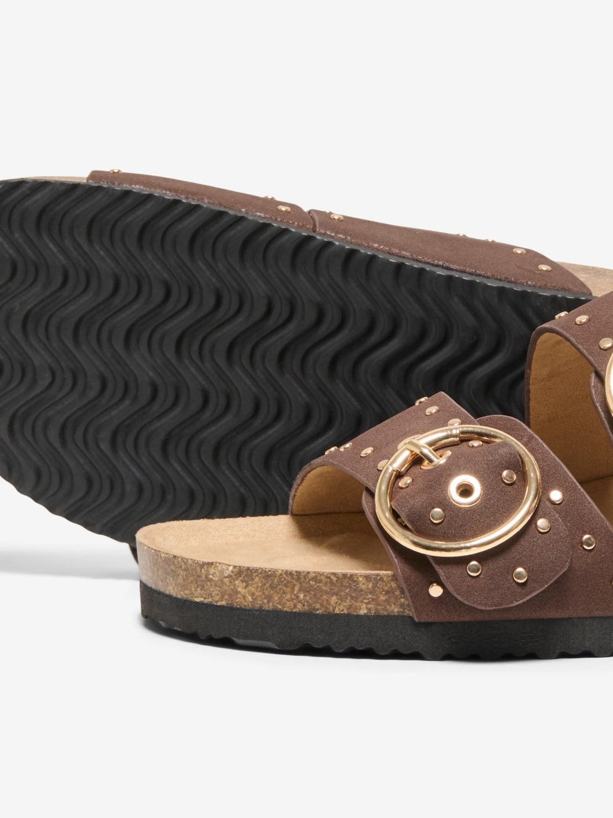 Sandal: Faux Suede Gold Buckles & Studs  MAXI-15 - Chocolate Brown - ONLY