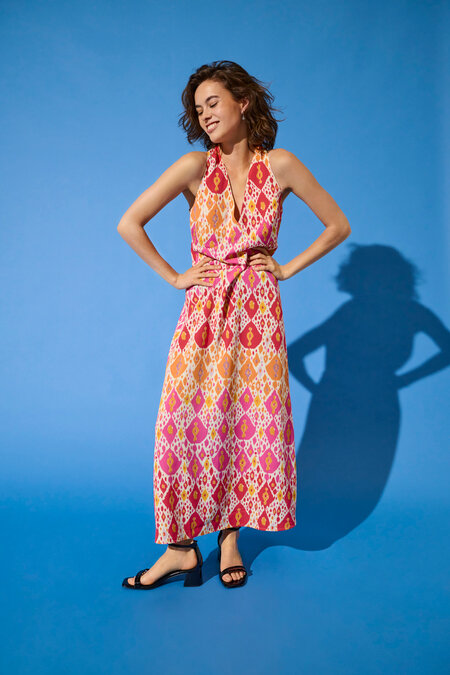 Long dress: Recycled  Sleeveless gathered Waist Aztec Print ONLNOVA  - Pink Red and Orange - ONLY
