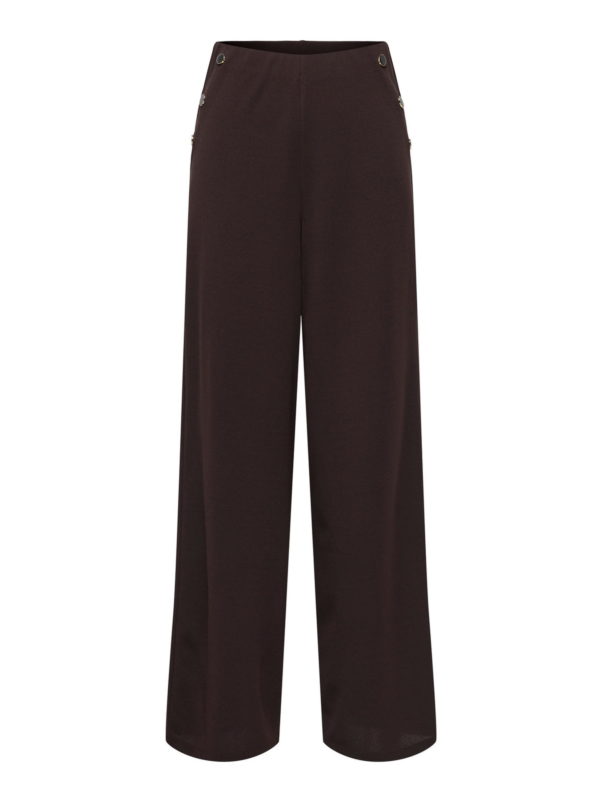 Trousers: Stretch Elastic Waist Wide Leg Gold Button Detail GEGGO - Chocolate Brown - JdY