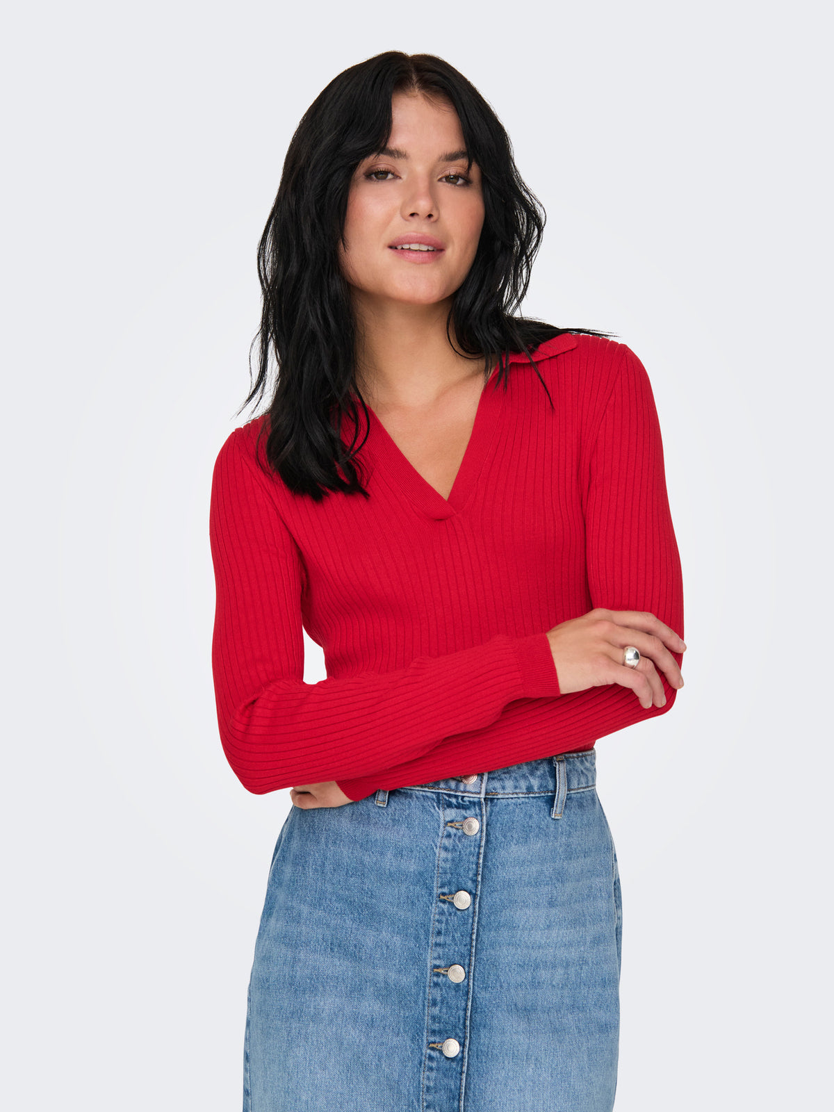 Top: Viscose Long Sleeve Polo Collar KAYA - Racing Red - ONLY