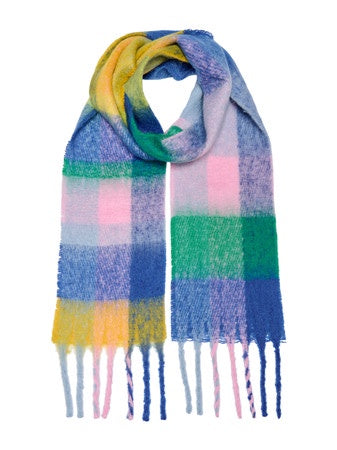 Scarf: Chunky Fluffy Block Stripes Fringed  SIGRID  - Blue