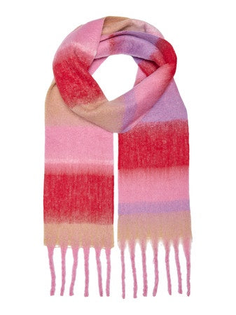 Scarf: Chunky Fluffy Block Stripes Fringed  SIGRID  - Pink