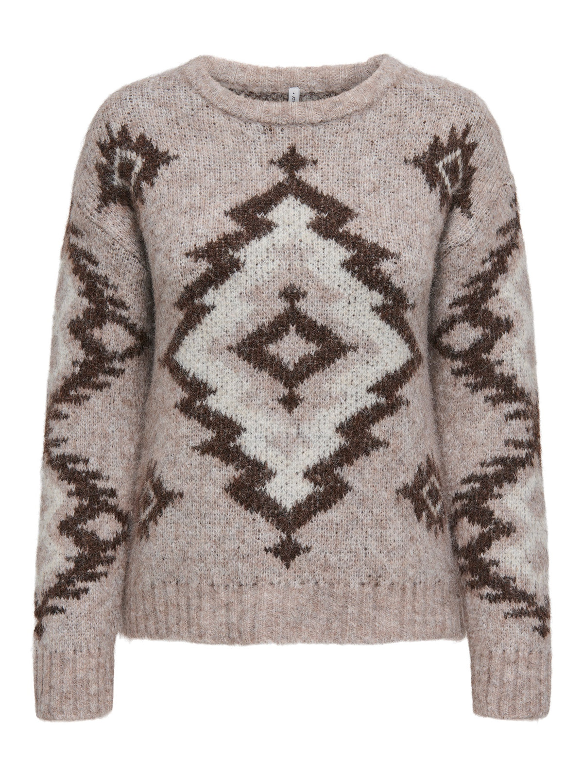Jumper: Knit Round Neck Long Sleeve Aztec AZU - Beige & Brown
