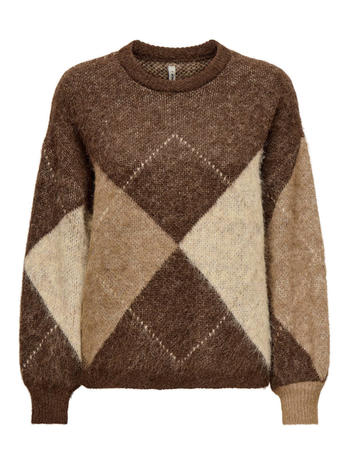 Jumper: Knit Round Neck Long Sleeve Argyle NOEME - Brown & Beige