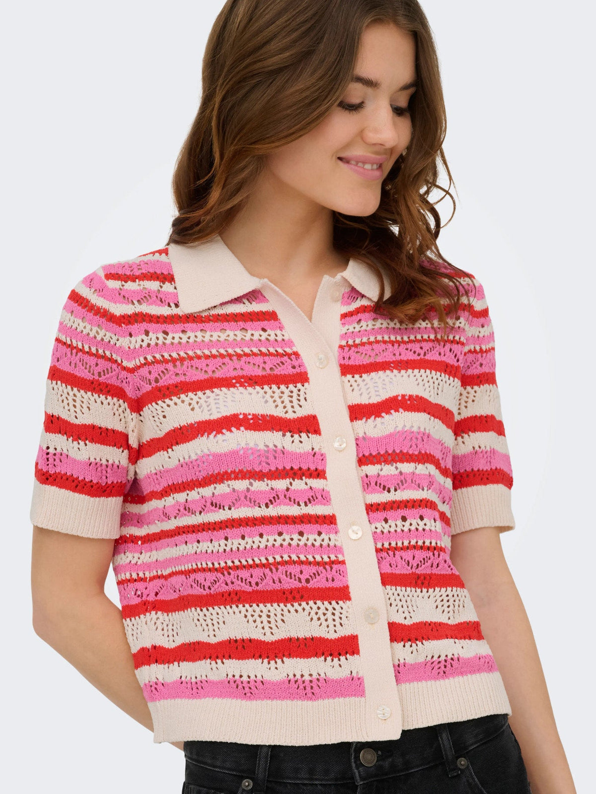 Top: Crochet Knit Long Sleeve Collar Buttons LULA - High Risk Red PINK - ONLY
