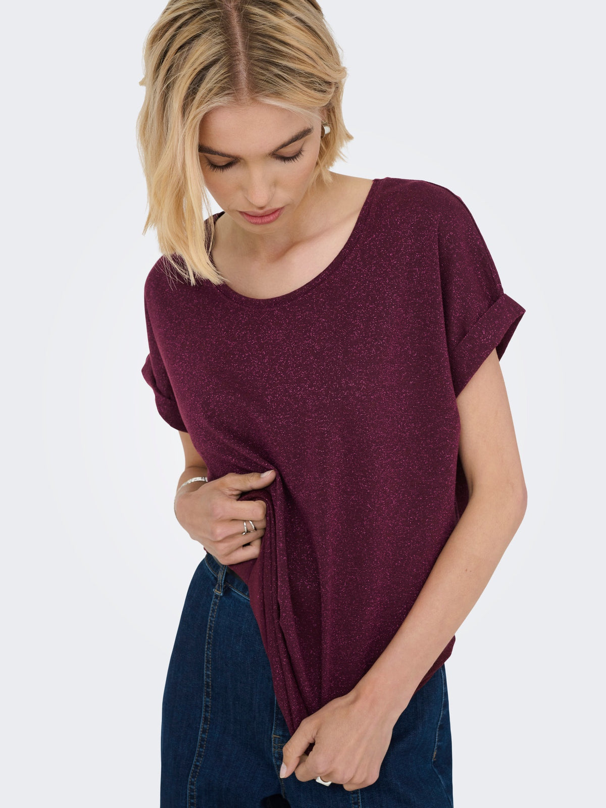 T-Shirt: Glitter Round Neck Short Sleeve MOSTER  - Burgundy - ONLY