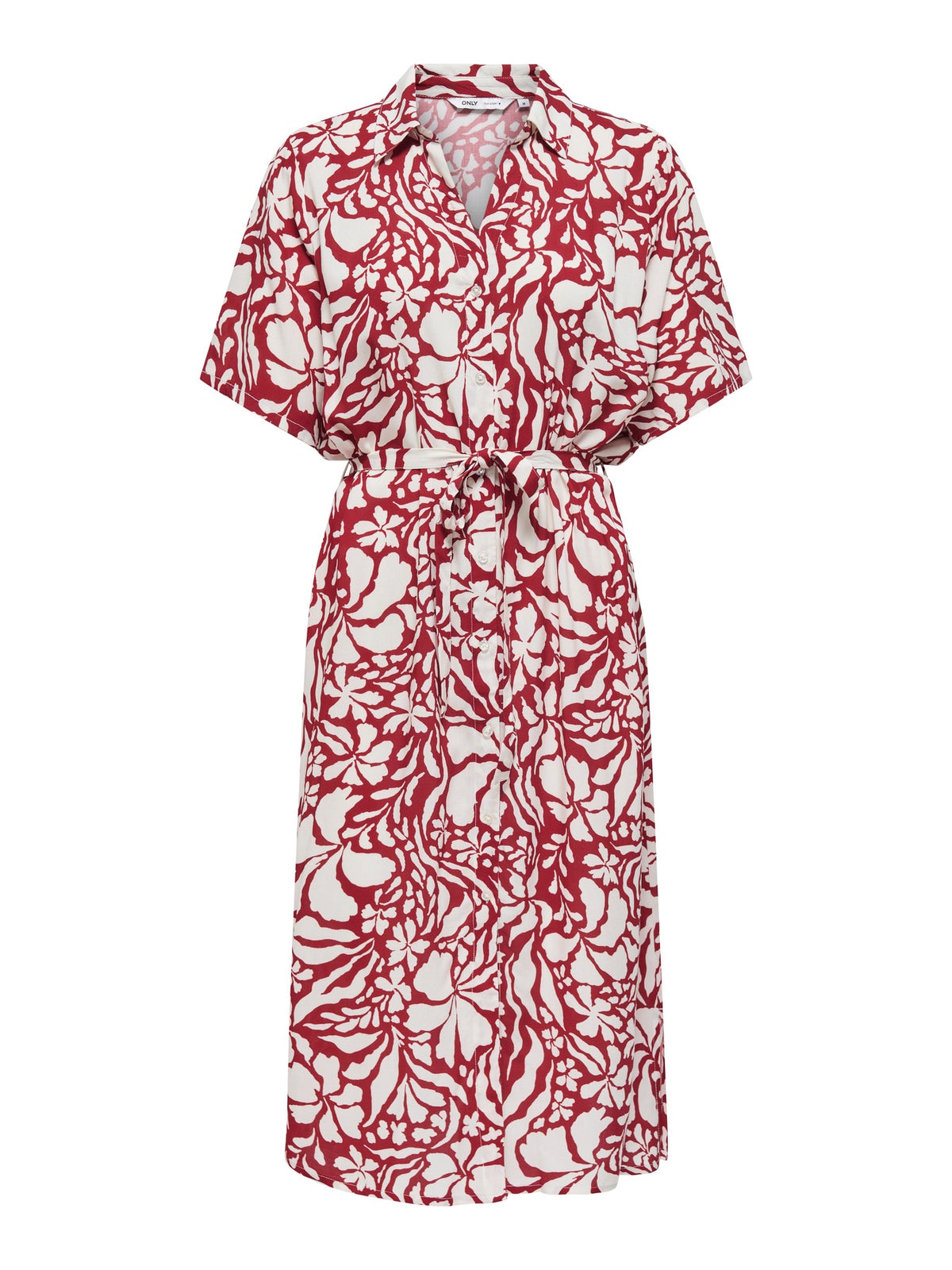Midi dress: Cotton Short Sleeve V Neck Buttons Flower Print YASMIN - Dark Red - ONLY