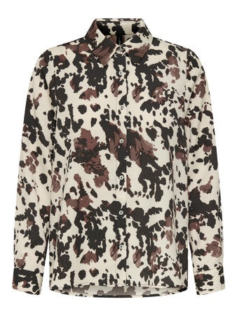 Shirt: Viscose Lenzing Collar Long Sleeve Cow Print NOVA - Chocolate & Cream