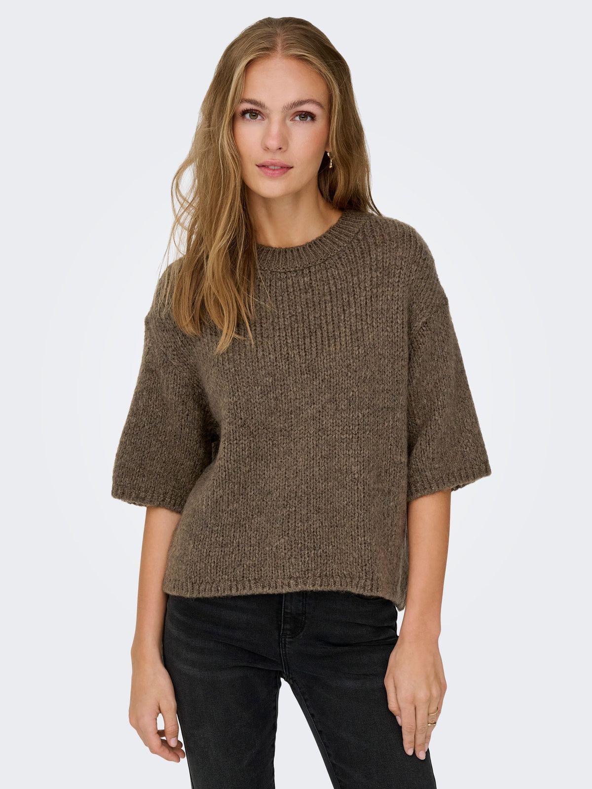 Pullover: Soft Knit Short Sleeve Round Neck LINEA - Shitake Brown- JDY