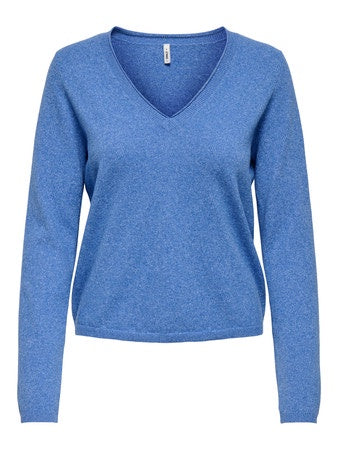 Jumper: Fine Knit V Neck Long Sleeve Ribbed Cuff LOYAL LIFE - Ultramarine Blue