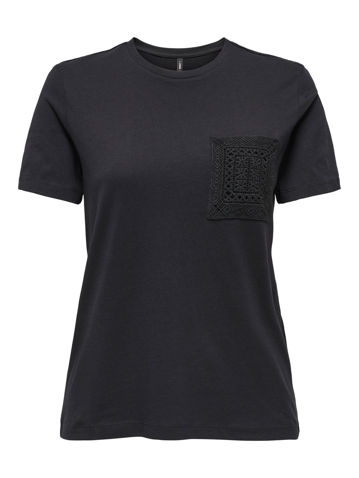 T-Shirt: Cotton Short Skeeve Round Neck Crochet Pocket ENJA - Black - ONLY