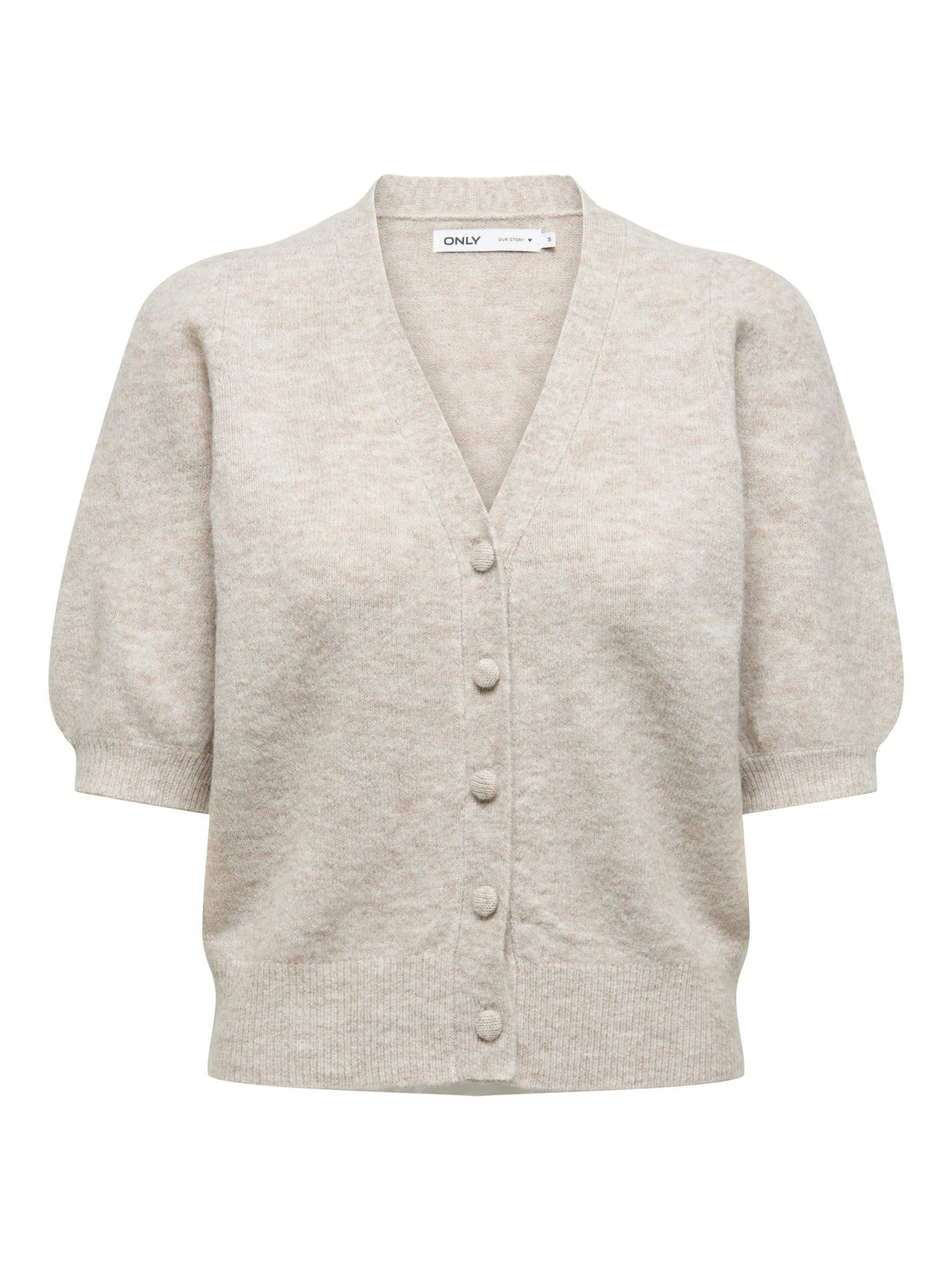 Cardigan: Soft Knit Covered Buttons Short Sleeve V Neck LIVA   - Cream Stone MELANGE - ONLY
