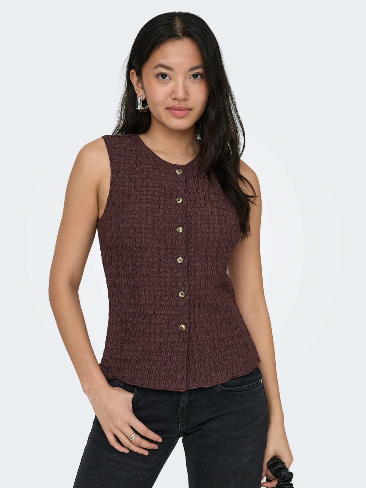 Top: Stretch Crepe Sleeveless Gold Buttons ILSE  - Chocolate Brown - ONLY