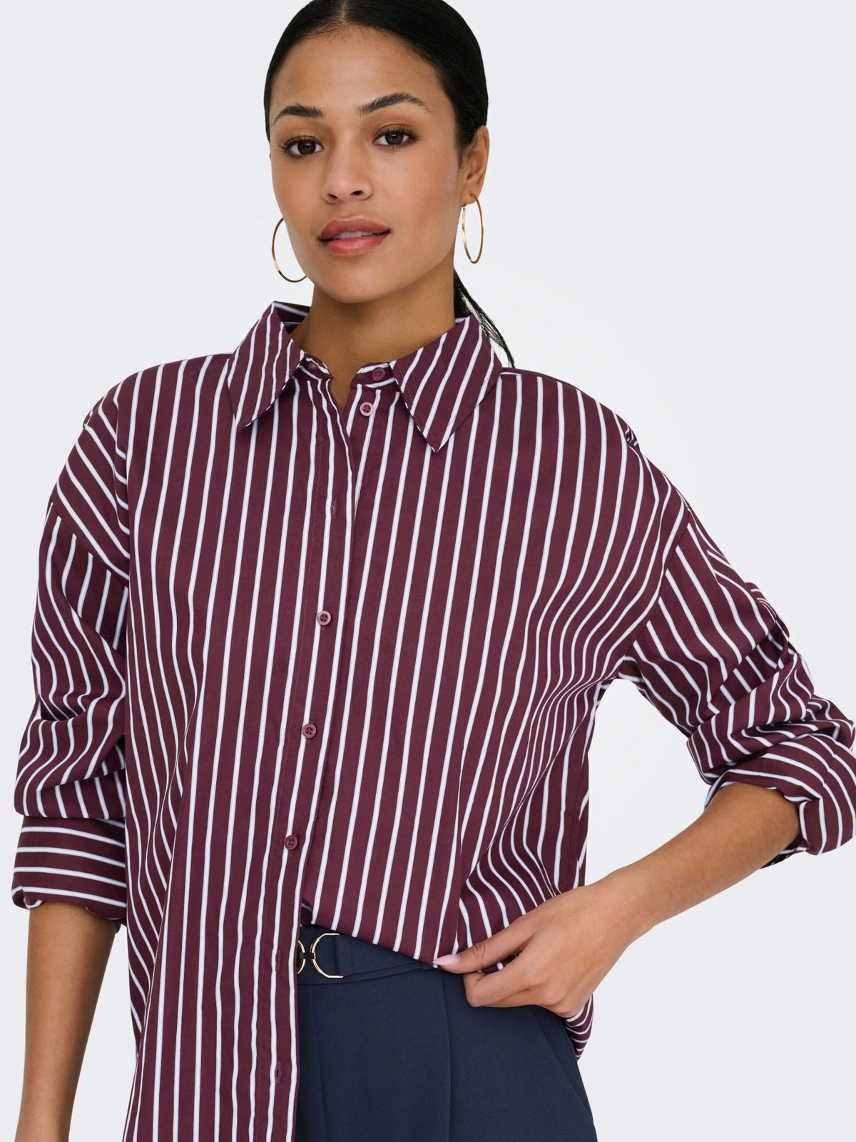 Shirt: Cotton Long Sleeve Loose Fit Collar Stripe SERENA - Port Wine & Blue - JDY