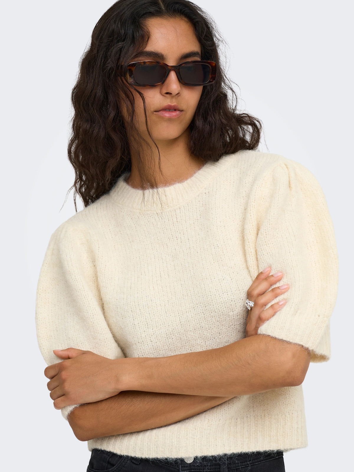 Jumper: Soft Fine Knit Short Puff Sleeve O Neck MELANGE NELLIE - Birch Cream - ONLY