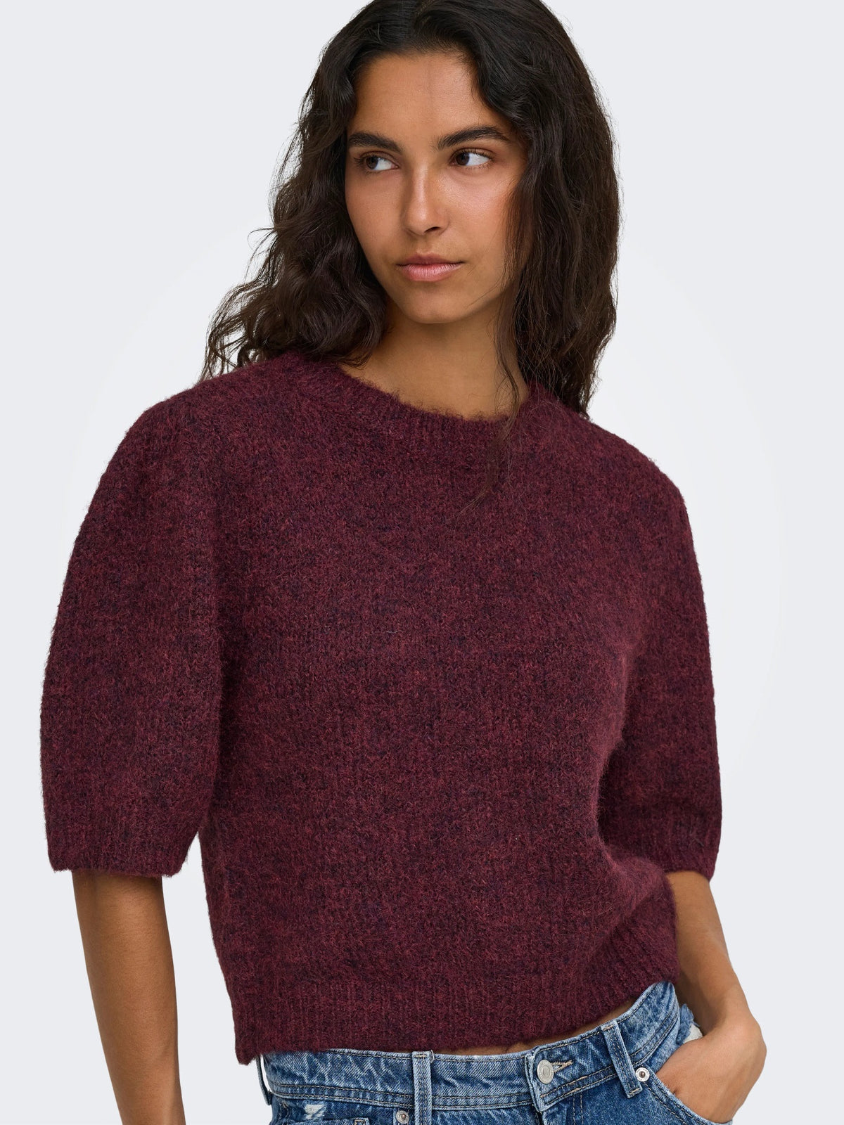 Jumper: Soft Fine Knit Short Puff Sleeve O Neck NELLIE - Wine Red - ONLY