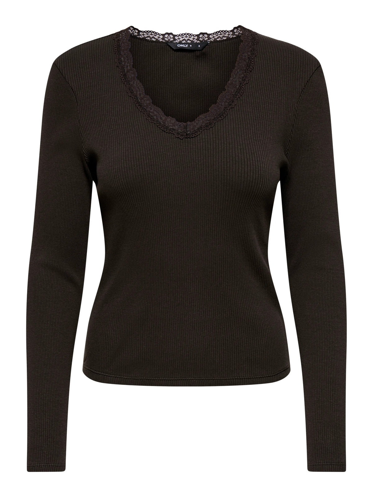 Top: Ribbed Organic Cotton Long Sleeve V Neck Lace SARA - Chocolate Brown - ONLY