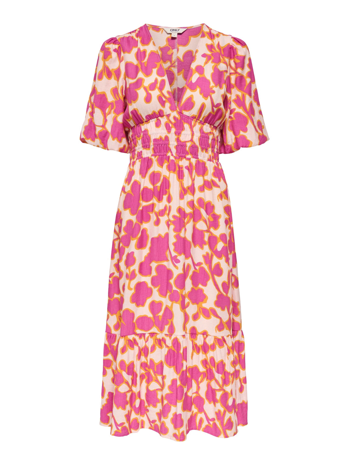 Long Dress: Lightweight Short Sleeve V Neck Buttons Flower AURI MIKASI - Cream & Bright Pink - ONLY