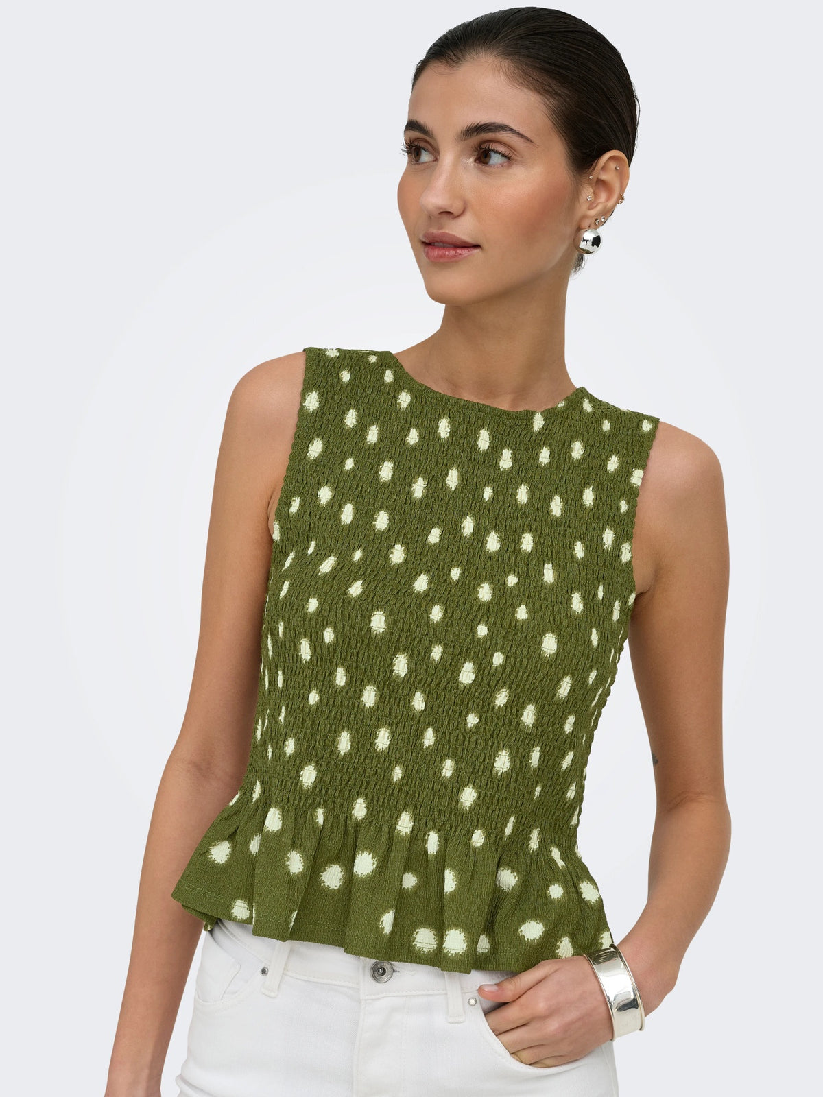 Top: Stretch Sleeveless O Neck Ruched Dots MOLLY - Capulet Olive Green - ONLY