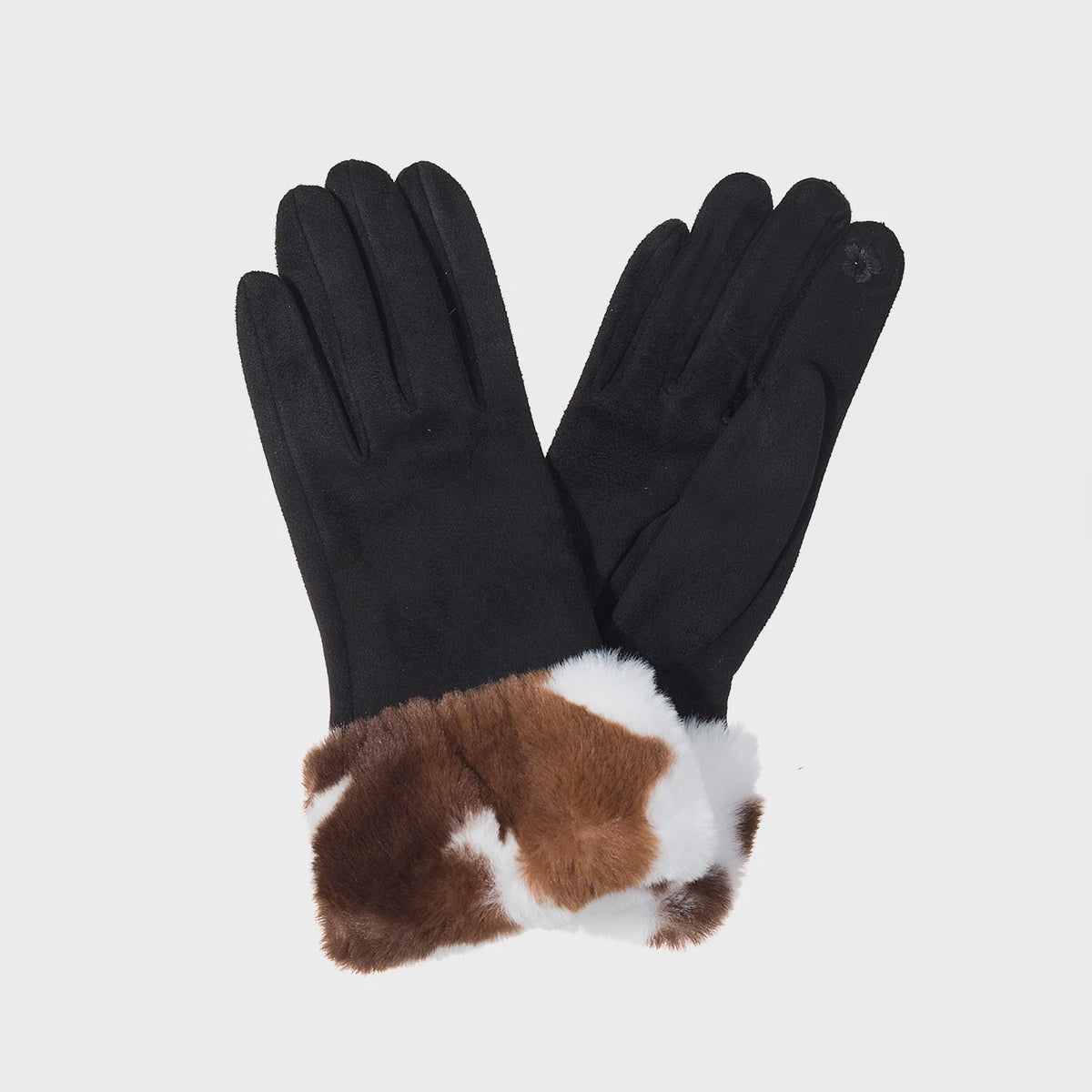 Gloves: Faux Suede & Fur Brown Cow Print Trim - Park Lane