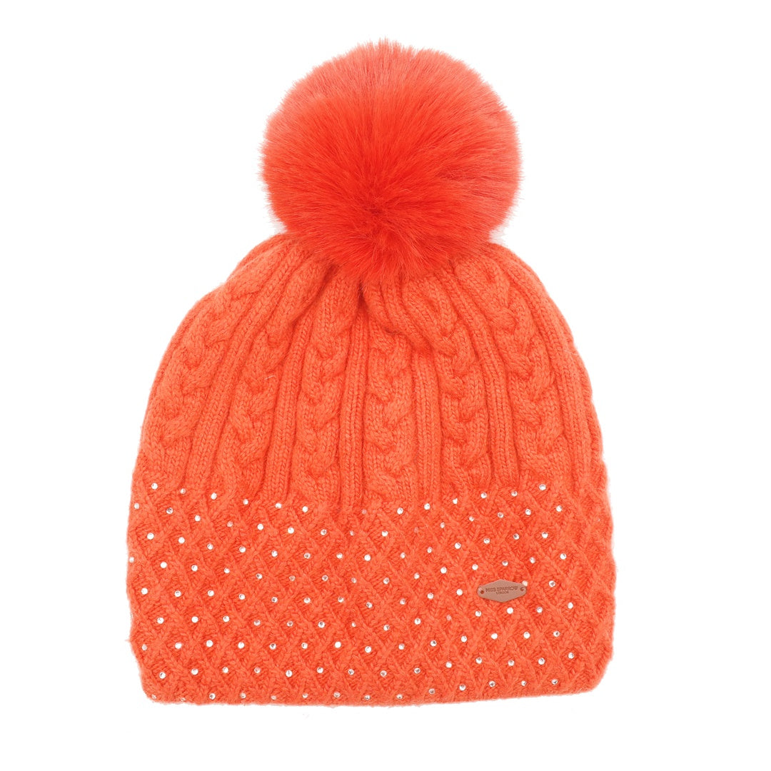 Hat: Cable Knit Sequins Nylon Mix - Orange - Miss Sparrow
