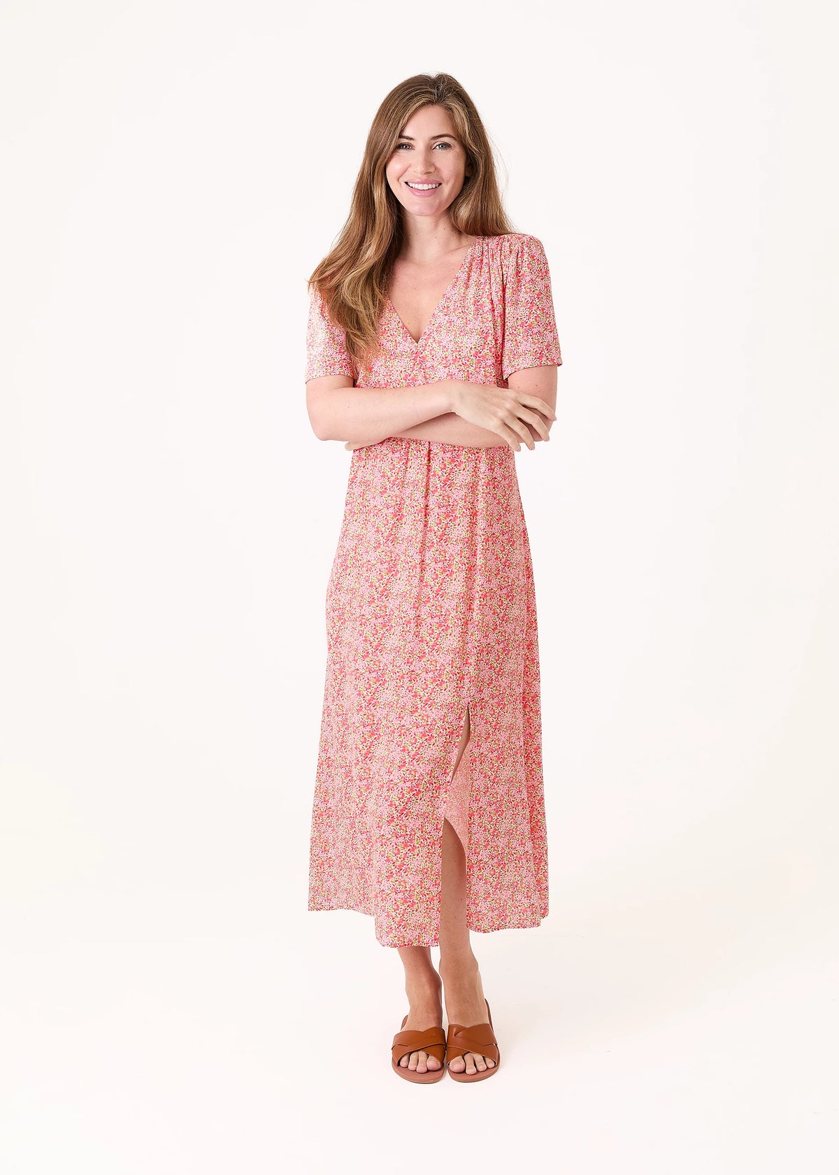 Midi Dress: Viscose Ditsy Blossom V Neck - Coral - Dreams