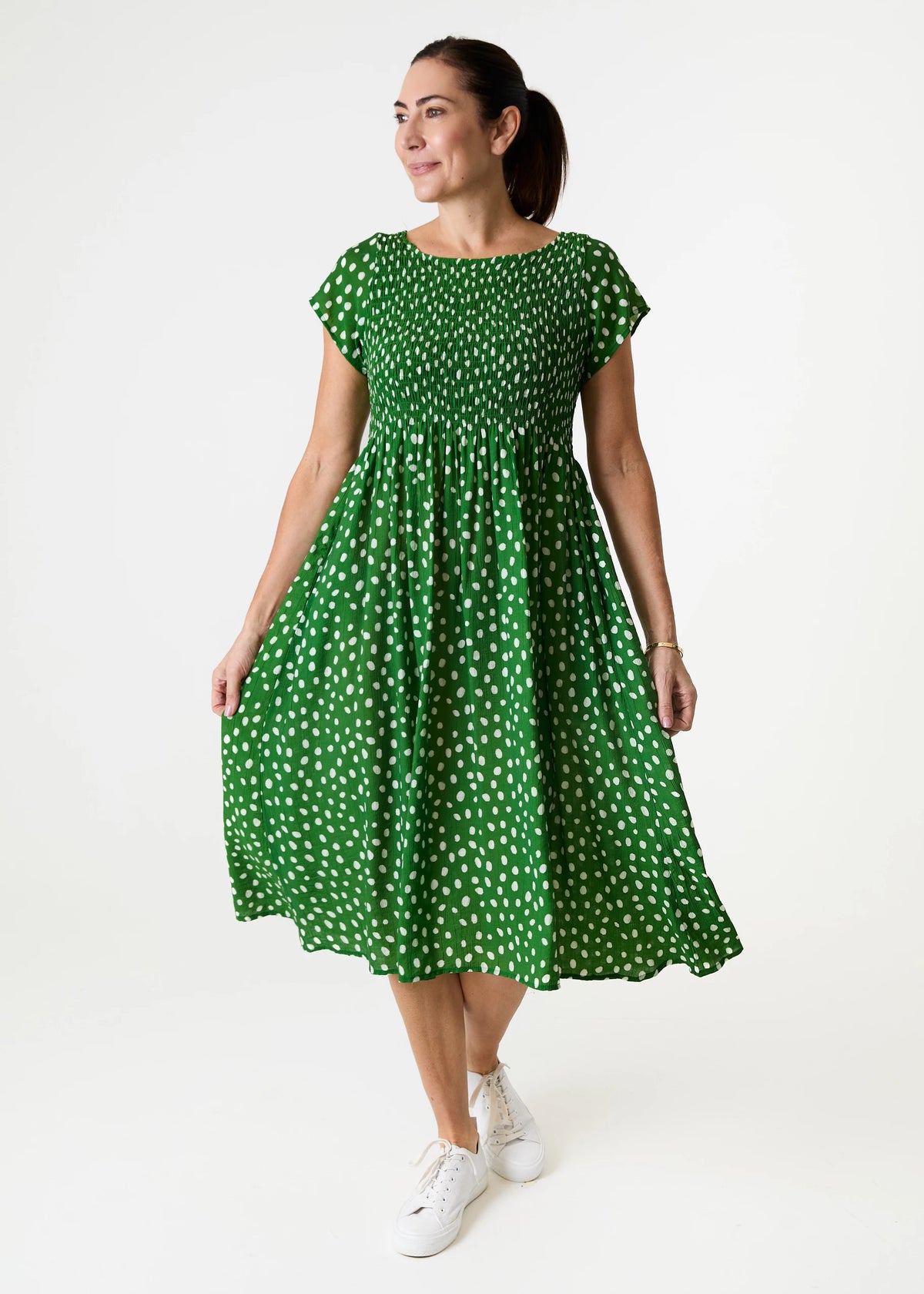 Midi Dress: Viscose Spotty Round  Neck - One Size - Green - Dreams