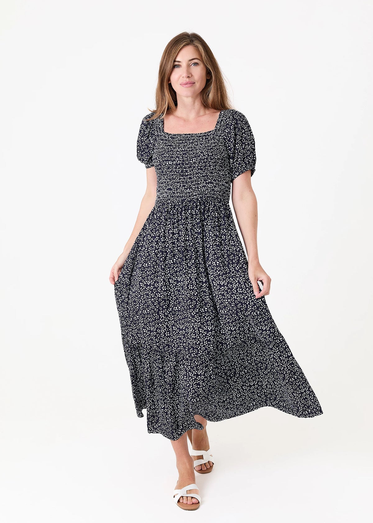 Long Dress: Viscose Round Neck Short Sleeve Ditsy Shirred Bodice - One Size - Various Colours  - Dreams