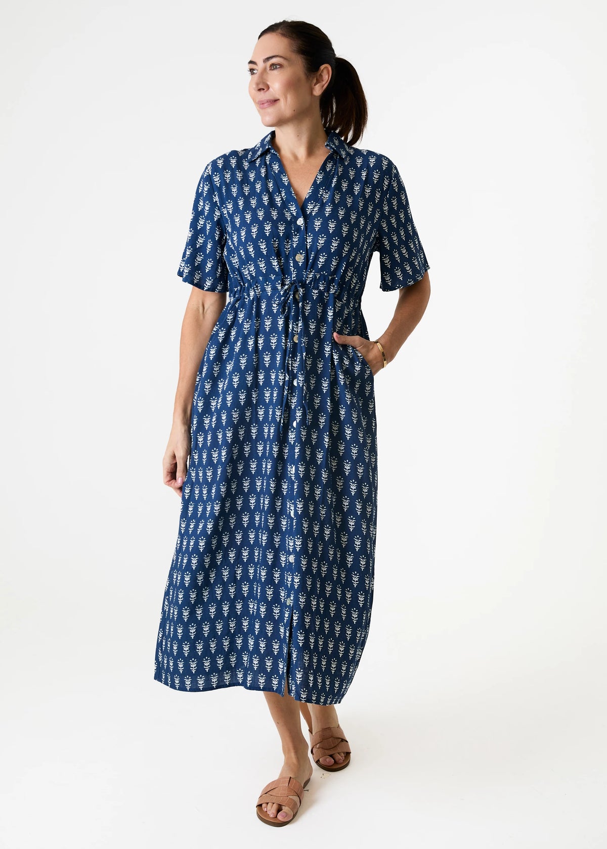 Long Dress: Linen Mix Shirt Dress Dainty Floral Block Print  - One Size - Navy - Dreams