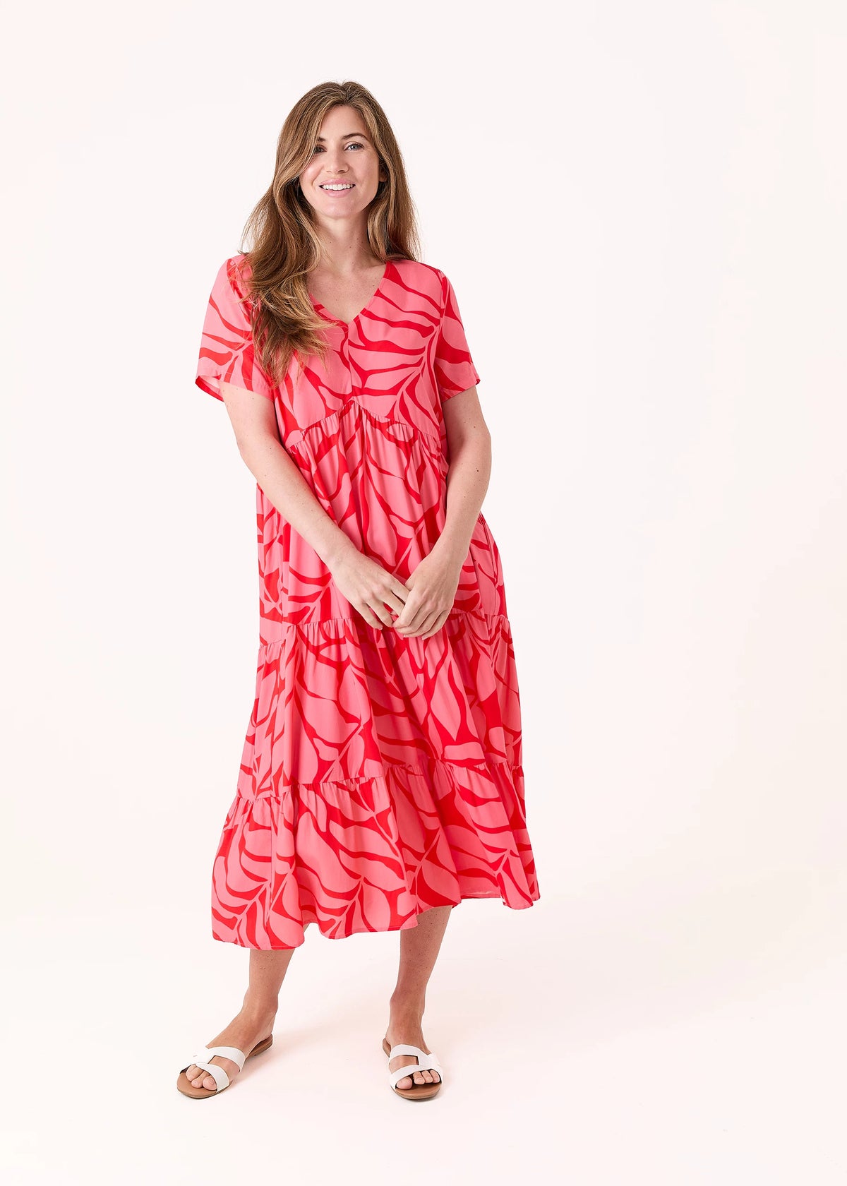 Long Dress: Viscose V Neck Short Sleeve Tiered Leaf Pattern - Poppy Red  - Dreams