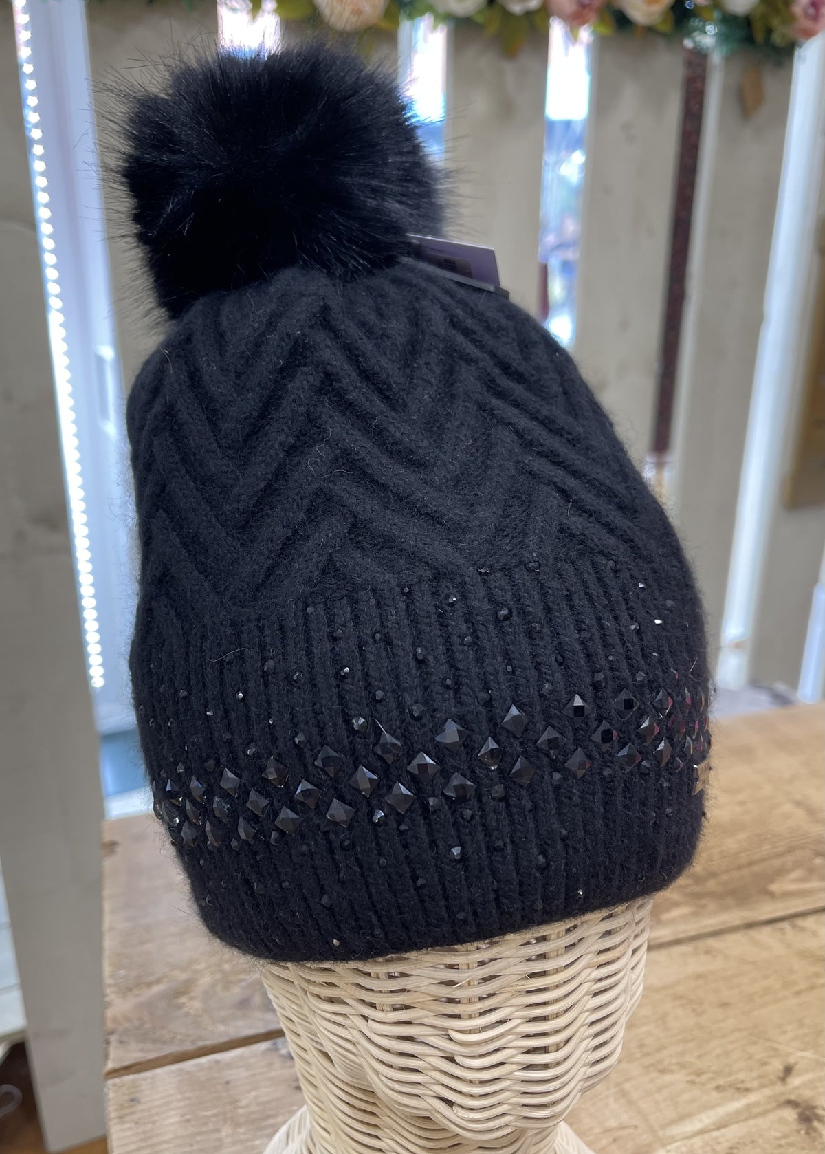 Knitted Hat: Diamante Pompom - Black