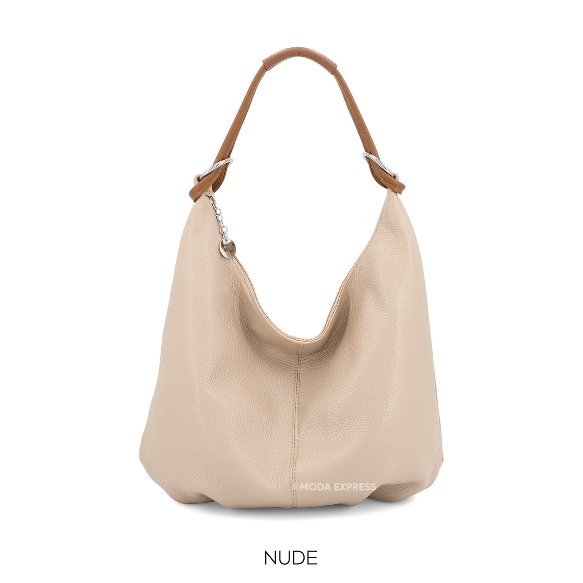 Shoulder Bag: Italian Leather Hobo Slouchy - Nude - Moda Bags