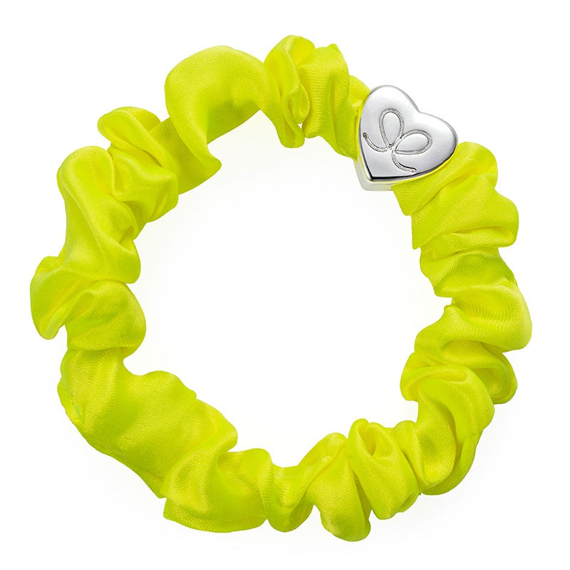 Hairband Bracelet: Silk Scrunchie Silver Heart - Lemon Yellow  - By Eloise