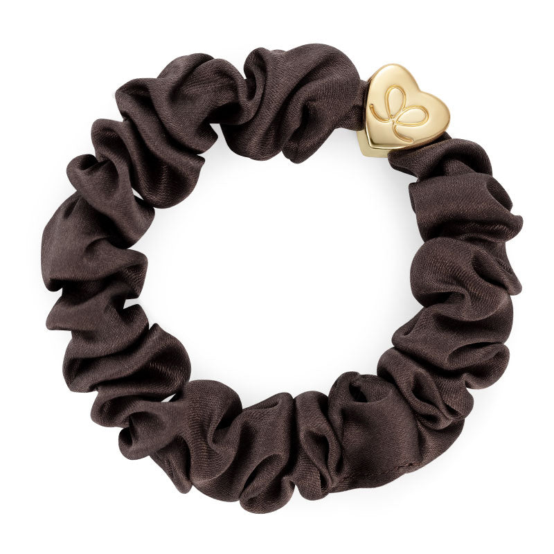 Hairband Bracelet: Silk Scrunchie Gold Heart - Chocolate Brown Mocha  - By Eloise