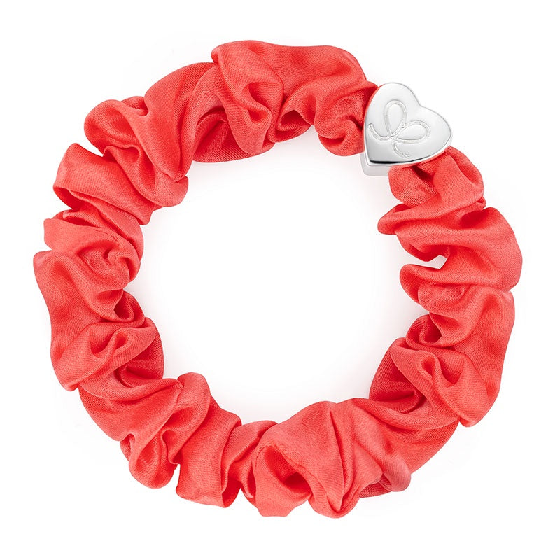Hairband Bracelet: Silk Scrunchie Silver Heart - Neon Peach  - By Eloise