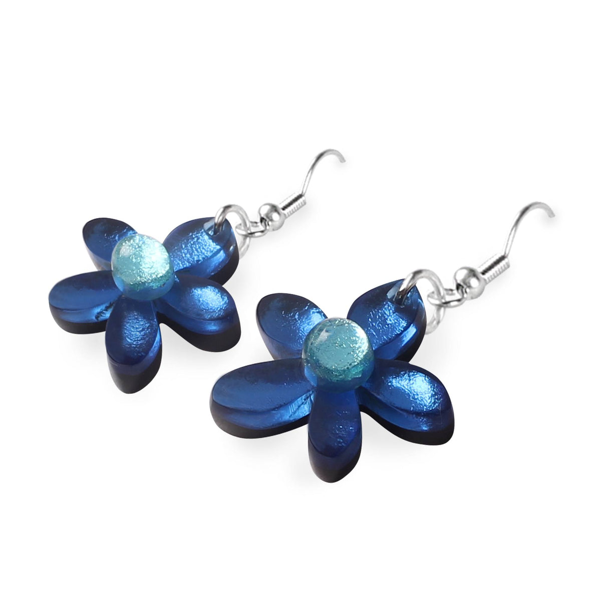 Earrings: Drop Hook Shiny Flower - Navy Blue - Watch This Space