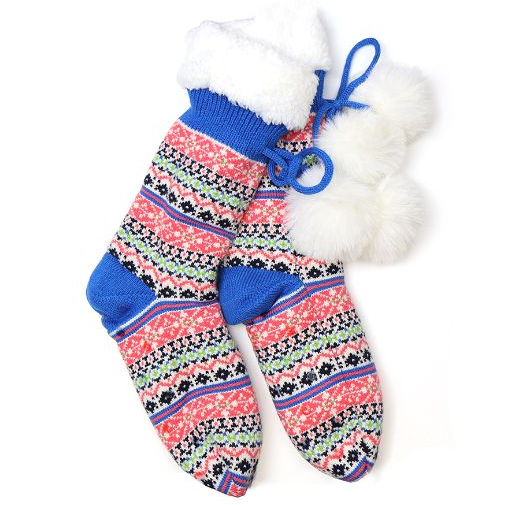 Slipper Socks: Knit Fair Isle Cosy Lined - Bright Blue,  Orange, and Green - POM