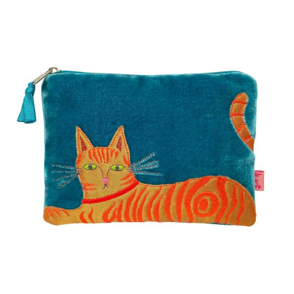 Purse: Mini Velvet Embroidered  Ginger Cat - Teal - Lua