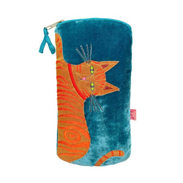 Glasses Case: Velvet Embroidered Ginger Cat - Teal - Lua