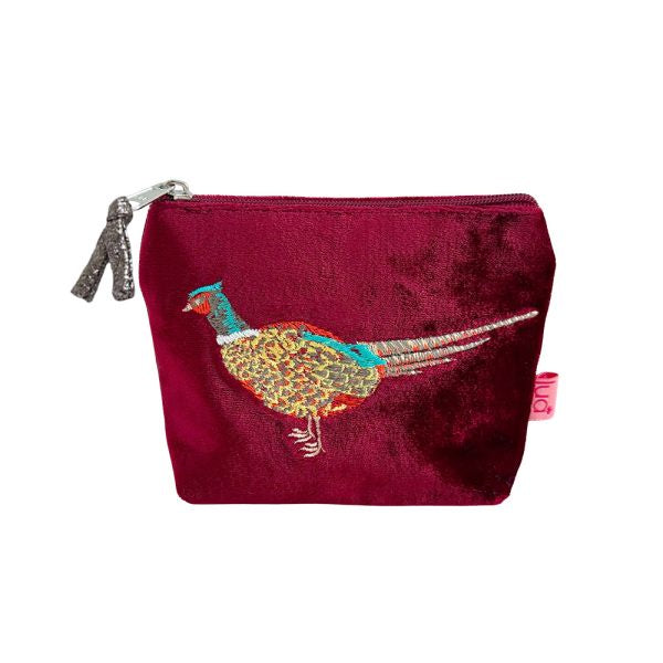 Purse: Mini Velvet Embroidered  Pheasant - Red - Lua