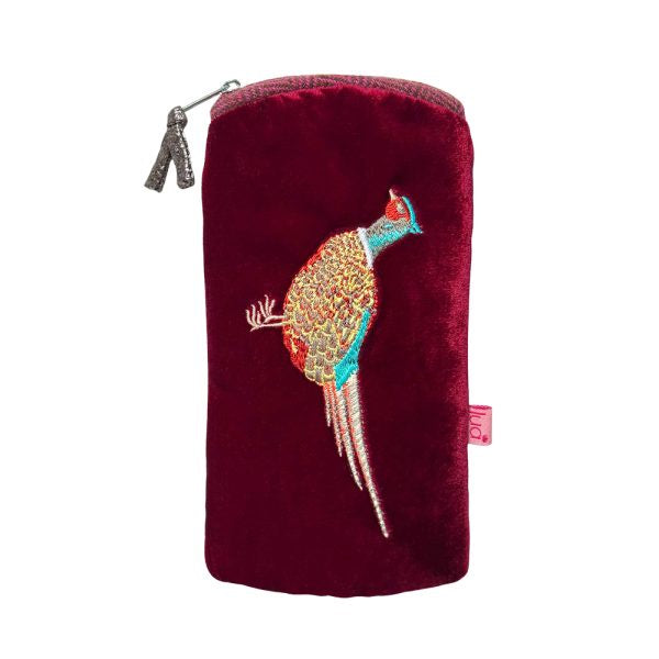 Glasses Case: Velvet Embroidered Pheasant - Red - Lua