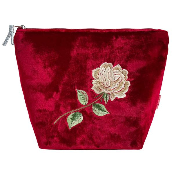 Purse: Cosmetic Velvet Embroidered Rose - Red - Lua