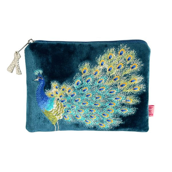 Purse: Cosmetic Velvet Embroidered Peacock- Teal - Lua