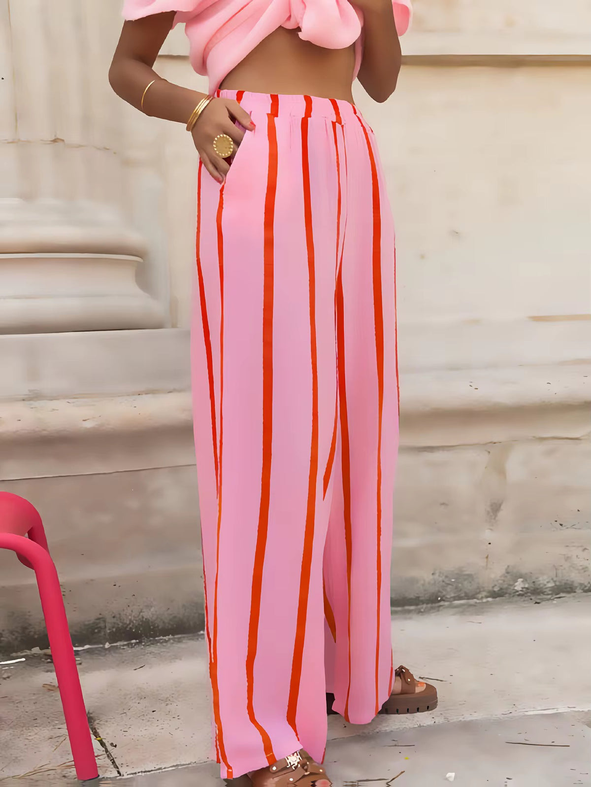 Trousers: Silky Striped Relaxed Fit Pockets - Pink - Antique Rose
