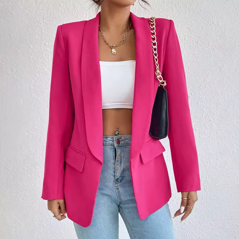 Blazer: Block Colour Collar With Pocket Detail - Bright Pink - Antique Rose